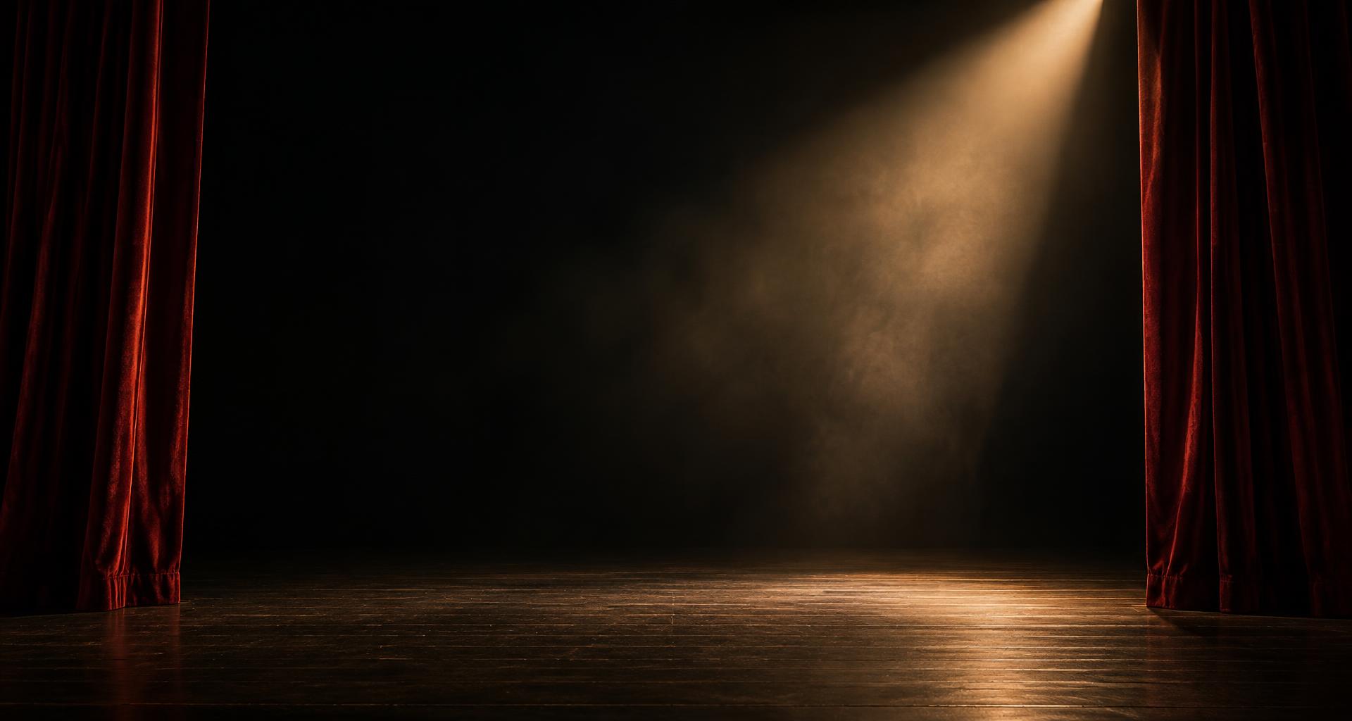 An empty theater stage framed by red curtains under a warm spotlight